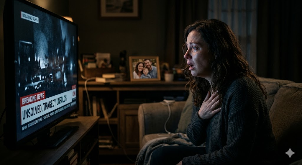 एक महिला रात में टीवी देखते हुए अतीत की यादों में खोई हुई है, उसके चेहरे पर हैरानी और भावनात्मक तनाव साफ दिखाई दे रहा है।