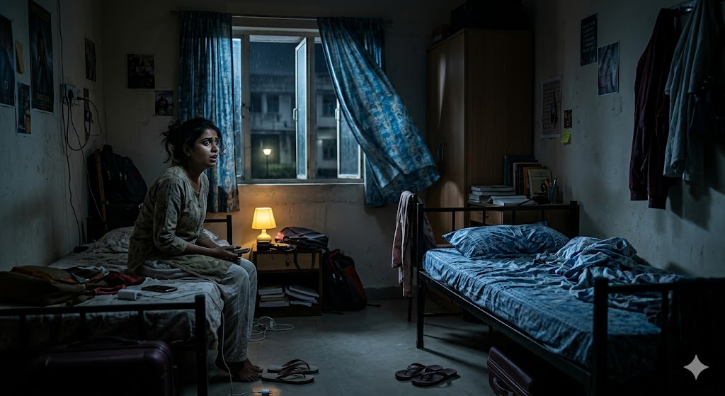 रात में खाली बिस्तर और रहस्यमयी माहौल, लड़की के गायब होने का सस्पेंस दृश्य