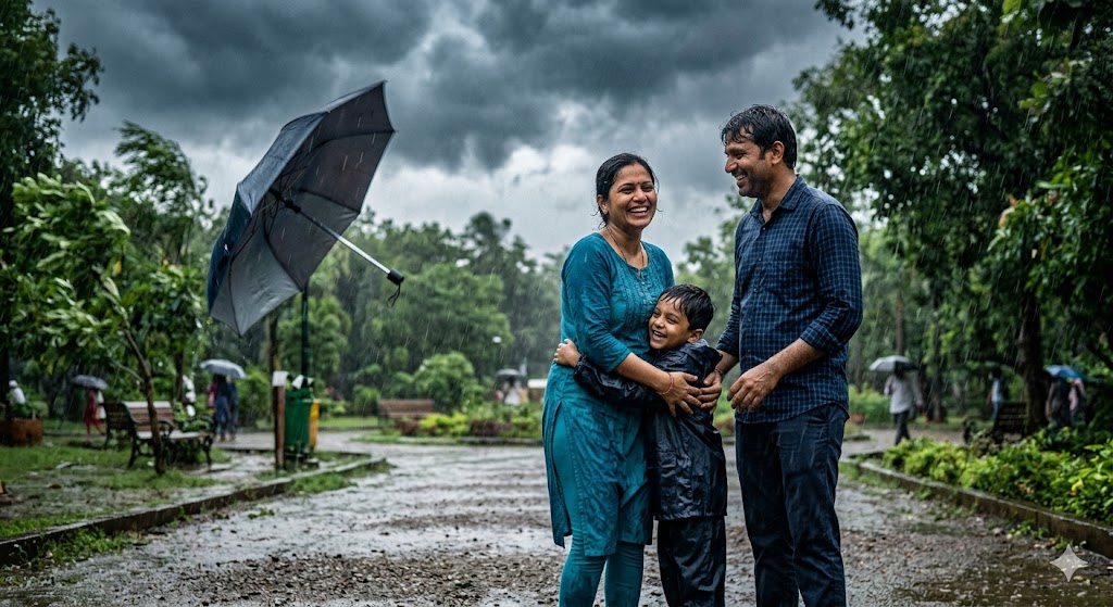बारिश भरे पार्क में तेज हवा से उड़ती छतरी के बीच मुस्कुराते दो पुराने प्रेमी, पास खेलता बच्चा और भावनाओं से भरा दृश्य।