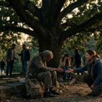 एक व्यक्ति दूसरों को सहारा देते हुए पेड़ की छाँव में बैठा, इंसानियत और सहानुभूति का प्रतीक दृश्य।