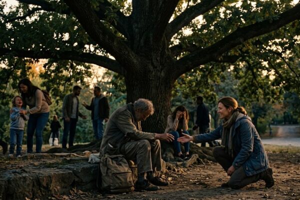 एक व्यक्ति दूसरों को सहारा देते हुए पेड़ की छाँव में बैठा, इंसानियत और सहानुभूति का प्रतीक दृश्य।