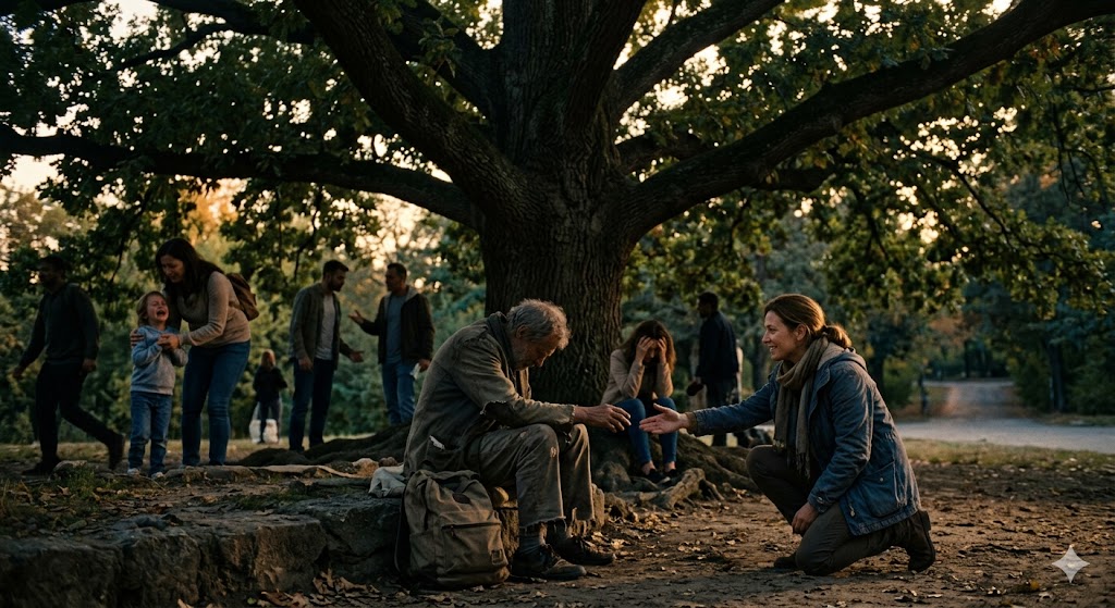 एक व्यक्ति दूसरों को सहारा देते हुए पेड़ की छाँव में बैठा, इंसानियत और सहानुभूति का प्रतीक दृश्य।