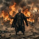 अहंकार में डूबा व्यक्ति, चारों ओर धूल और धुंध, पीछे जलती हुई बगिया और प्रतीकात्मक अराजकता