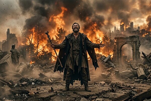 अहंकार में डूबा व्यक्ति, चारों ओर धूल और धुंध, पीछे जलती हुई बगिया और प्रतीकात्मक अराजकता