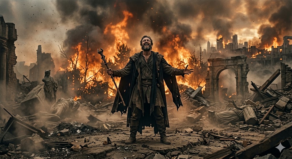 अहंकार में डूबा व्यक्ति, चारों ओर धूल और धुंध, पीछे जलती हुई बगिया और प्रतीकात्मक अराजकता