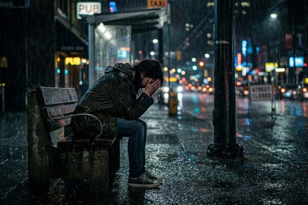 अकेला व्यक्ति उदास बैठा हुआ, दिल टूटने और तन्हाई के भाव को दर्शाता हुआ