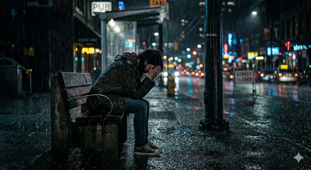 अकेला व्यक्ति उदास बैठा हुआ, दिल टूटने और तन्हाई के भाव को दर्शाता हुआ