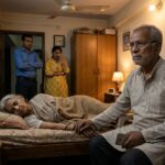 घर के कमरे में बीमार पत्नी के पास बैठा चिंतित वृद्ध पति, पीछे खड़े परेशान बच्चे, प्रेम और असहायता से भरा भावुक दृश्य।