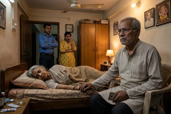 घर के कमरे में बीमार पत्नी के पास बैठा चिंतित वृद्ध पति, पीछे खड़े परेशान बच्चे, प्रेम और असहायता से भरा भावुक दृश्य।