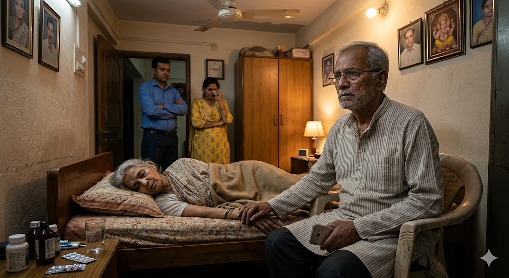 घर के कमरे में बीमार पत्नी के पास बैठा चिंतित वृद्ध पति, पीछे खड़े परेशान बच्चे, प्रेम और असहायता से भरा भावुक दृश्य।