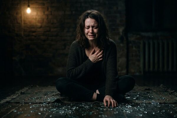 अकेला व्यक्ति अपने टूटे दिल और भावनात्मक दर्द के साथ अंधेरे में बैठा हुआ