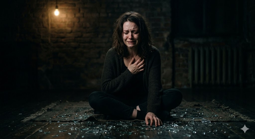 अकेला व्यक्ति अपने टूटे दिल और भावनात्मक दर्द के साथ अंधेरे में बैठा हुआ