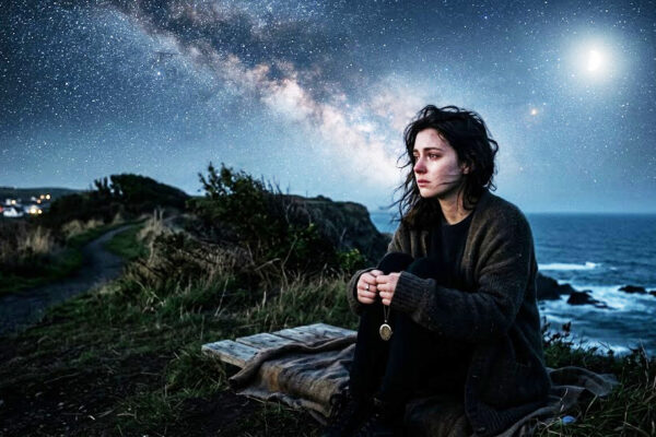 रात के आकाश के नीचे अकेला बैठा व्यक्ति, सितारों की ओर देखते हुए, चेहरे पर उदासी और जुदाई का भाव