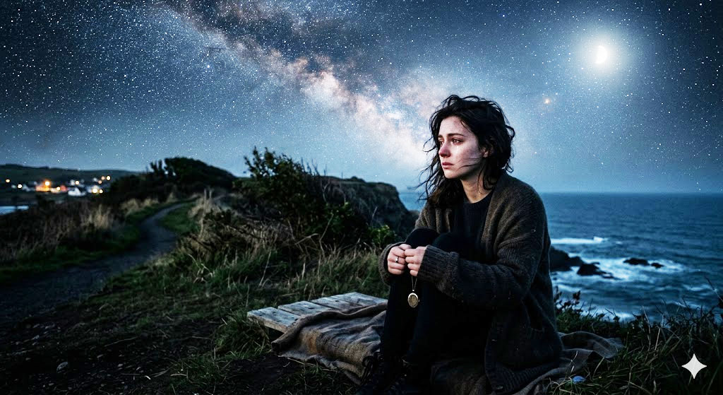 रात के आकाश के नीचे अकेला बैठा व्यक्ति, सितारों की ओर देखते हुए, चेहरे पर उदासी और जुदाई का भाव