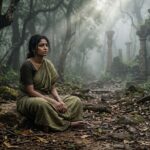 एक सुनसान पथ पर बैठी एक स्त्री, जो जीवित होते हुए भी भावनात्मक रूप से जड़ और अकेली दिखाई दे रही है।