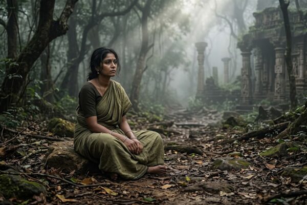 एक सुनसान पथ पर बैठी एक स्त्री, जो जीवित होते हुए भी भावनात्मक रूप से जड़ और अकेली दिखाई दे रही है।