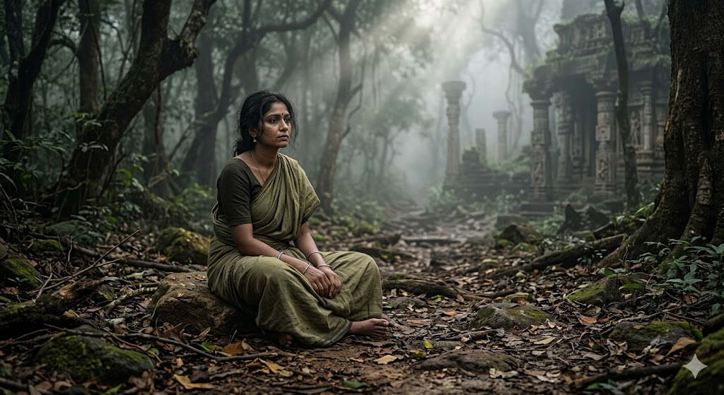 एक सुनसान पथ पर बैठी एक स्त्री, जो जीवित होते हुए भी भावनात्मक रूप से जड़ और अकेली दिखाई दे रही है।