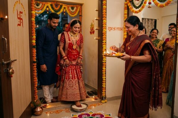 नई बहू का गृह प्रवेश, पारंपरिक वेशभूषा में सास आरती की थाली लिए स्वागत करती हुई