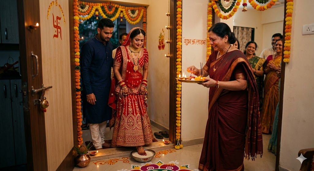 नई बहू का गृह प्रवेश, पारंपरिक वेशभूषा में सास आरती की थाली लिए स्वागत करती हुई
