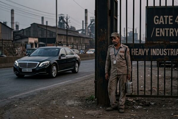 फैक्ट्री गेट पर खड़ा थका हुआ गार्ड, झुकी कमर और उदास चेहरा