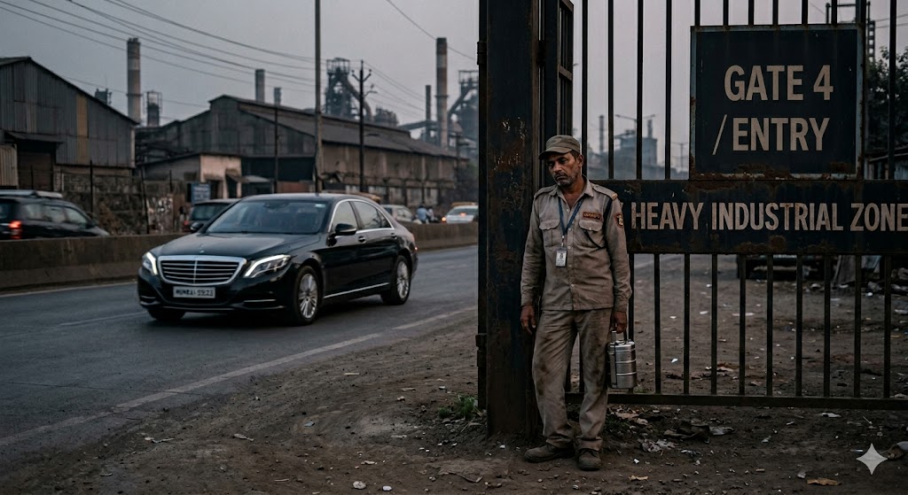 फैक्ट्री गेट पर खड़ा थका हुआ गार्ड, झुकी कमर और उदास चेहरा