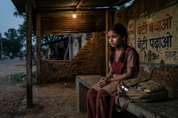 ग्रामीण बस स्टैंड पर डरी हुई स्कूल गर्ल, महिला सुरक्षा और शिक्षा पर सवाल