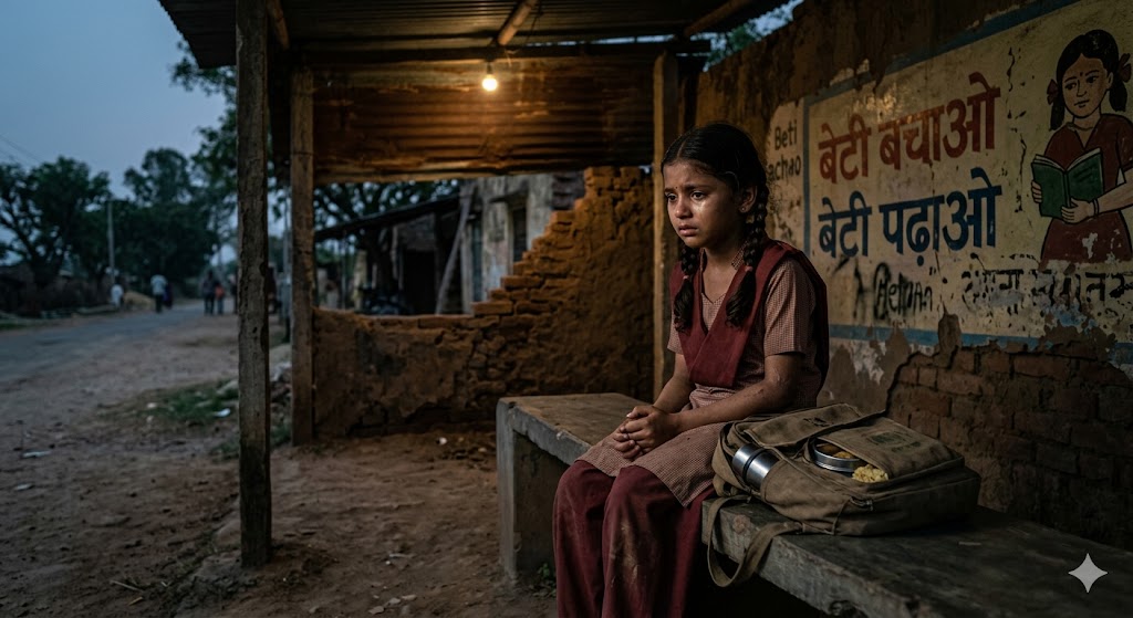 ग्रामीण बस स्टैंड पर डरी हुई स्कूल गर्ल, महिला सुरक्षा और शिक्षा पर सवाल