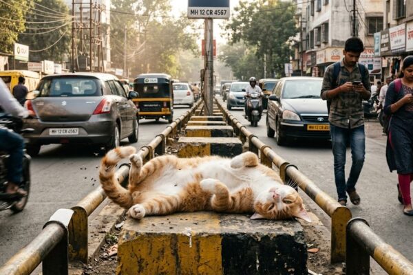 शहर की सड़क के डिवाइडर पर लेटी सोचमग्न बिल्ली, पीछे गुजरती कारें और मोबाइल में व्यस्त लोग, बदलते समय का व्यंग्यात्मक दृश्य।