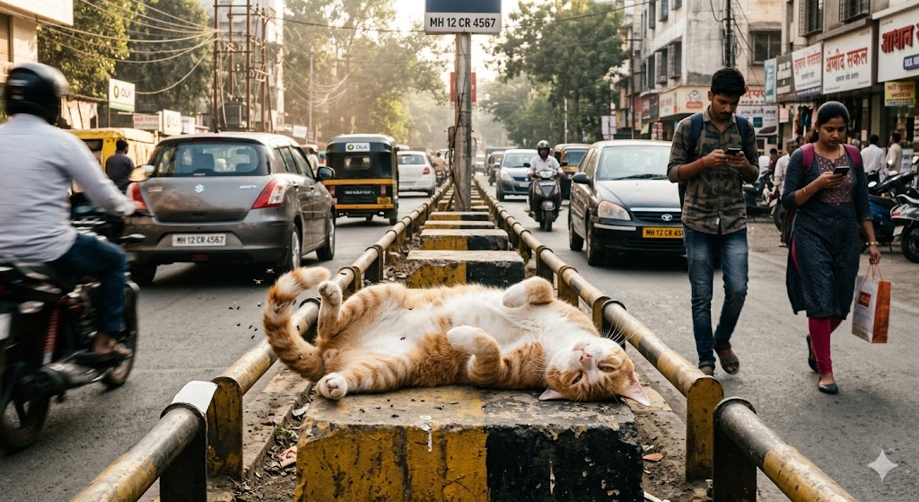 शहर की सड़क के डिवाइडर पर लेटी सोचमग्न बिल्ली, पीछे गुजरती कारें और मोबाइल में व्यस्त लोग, बदलते समय का व्यंग्यात्मक दृश्य।