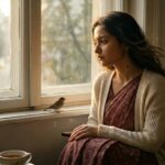 एक भावनात्मक दृश्य जिसमें एक महिला खिड़की के पास बैठी है, एक पंछी उसकी पलकों के पास बैठा है और हल्की धूप के साथ उदासी और स्मृतियों का प्रतीकात्मक वातावरण दिख रहा है
