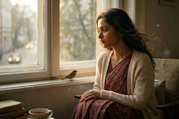 एक भावनात्मक दृश्य जिसमें एक महिला खिड़की के पास बैठी है, एक पंछी उसकी पलकों के पास बैठा है और हल्की धूप के साथ उदासी और स्मृतियों का प्रतीकात्मक वातावरण दिख रहा है