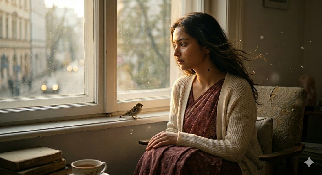 एक भावनात्मक दृश्य जिसमें एक महिला खिड़की के पास बैठी है, एक पंछी उसकी पलकों के पास बैठा है और हल्की धूप के साथ उदासी और स्मृतियों का प्रतीकात्मक वातावरण दिख रहा है