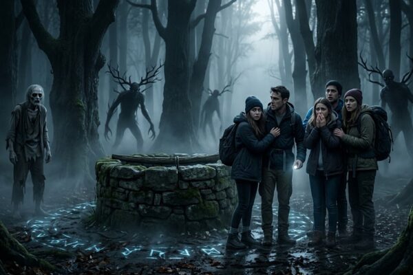 धुंध से घिरे जंगल में पुराना कुआँ और उसके आसपास खड़ी डरावनी आकृतियाँ