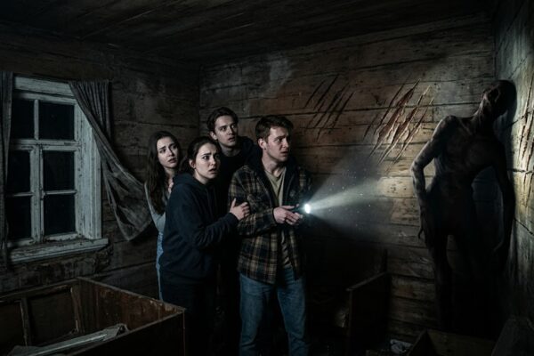 अंधेरे कमरे में टॉर्च की रोशनी के बीच दीवारों पर खरोंचें और एक डरावनी परछाईं