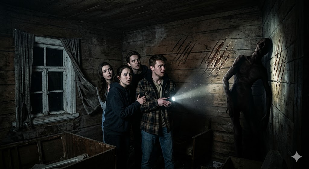 अंधेरे कमरे में टॉर्च की रोशनी के बीच दीवारों पर खरोंचें और एक डरावनी परछाईं