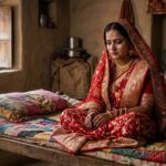 घूंघट में बैठी उदास नवविवाहित महिला, भावनात्मक और यथार्थपरक दृश्य