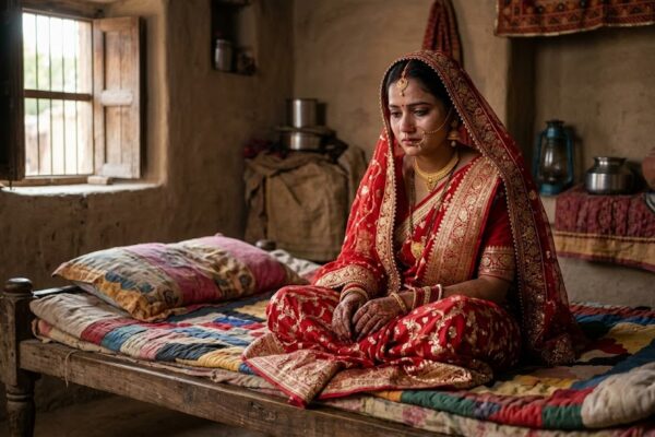 घूंघट में बैठी उदास नवविवाहित महिला, भावनात्मक और यथार्थपरक दृश्य