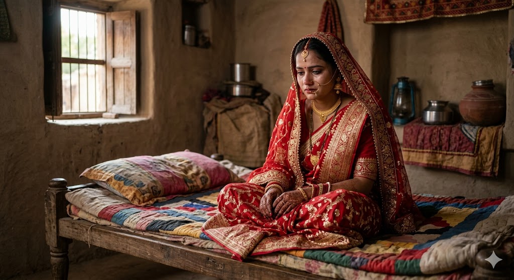 घूंघट में बैठी उदास नवविवाहित महिला, भावनात्मक और यथार्थपरक दृश्य