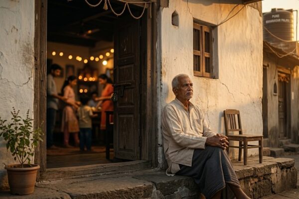 घर की देहरी पर अकेले बैठे एक बुज़ुर्ग व्यक्ति, जो भावनात्मक अकेलेपन और सहारे की तलाश को दर्शाता है