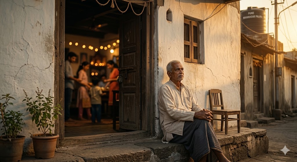 घर की देहरी पर अकेले बैठे एक बुज़ुर्ग व्यक्ति, जो भावनात्मक अकेलेपन और सहारे की तलाश को दर्शाता है