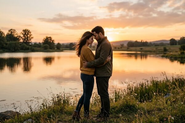 सूर्यास्त के समय प्रकृति के बीच खड़ा एक जोड़ा, जो खामोशी में गहरे प्रेम और जुड़ाव को महसूस कर रहा है