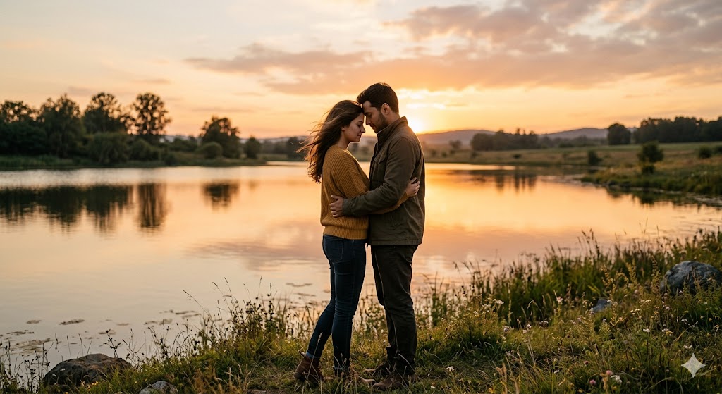सूर्यास्त के समय प्रकृति के बीच खड़ा एक जोड़ा, जो खामोशी में गहरे प्रेम और जुड़ाव को महसूस कर रहा है