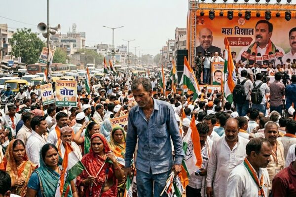 झुकी हुई रीढ़ के प्रतीक के रूप में लोकतंत्र, चुनावी रैली, भीड़ और मंच पर खड़े नेता का व्यंग्यात्मक दृश्य