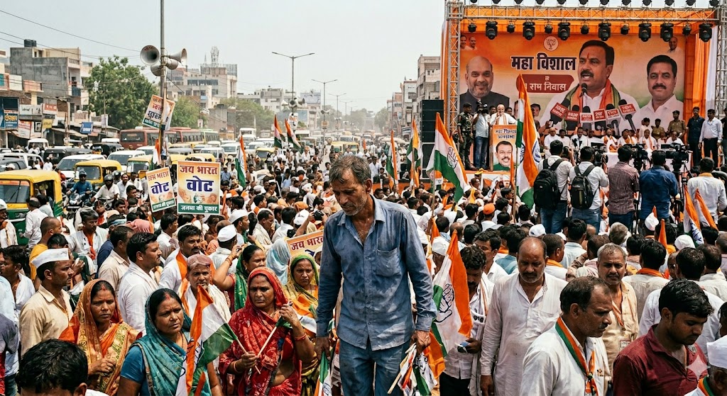 झुकी हुई रीढ़ के प्रतीक के रूप में लोकतंत्र, चुनावी रैली, भीड़ और मंच पर खड़े नेता का व्यंग्यात्मक दृश्य