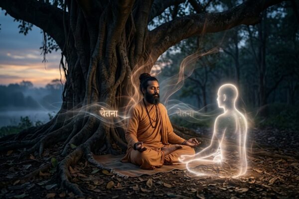 पेड़ के नीचे ध्यान में बैठा व्यक्ति और सामने प्रकाश रूप में प्रकट चेतना, आत्मसंवाद और आंतरिक शांति का प्रतीक