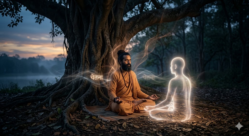 पेड़ के नीचे ध्यान में बैठा व्यक्ति और सामने प्रकाश रूप में प्रकट चेतना, आत्मसंवाद और आंतरिक शांति का प्रतीक