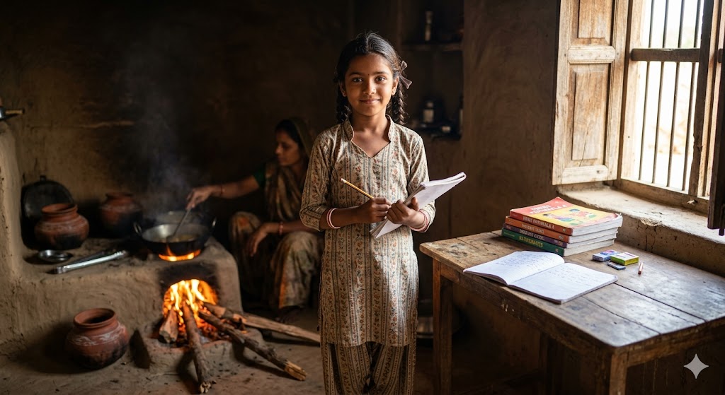 एक छोटी लड़की चूल्हे और किताबों के बीच खड़ी, पढ़ाई और अपने सपनों की ओर बढ़ने की इच्छा दर्शाती हुई।