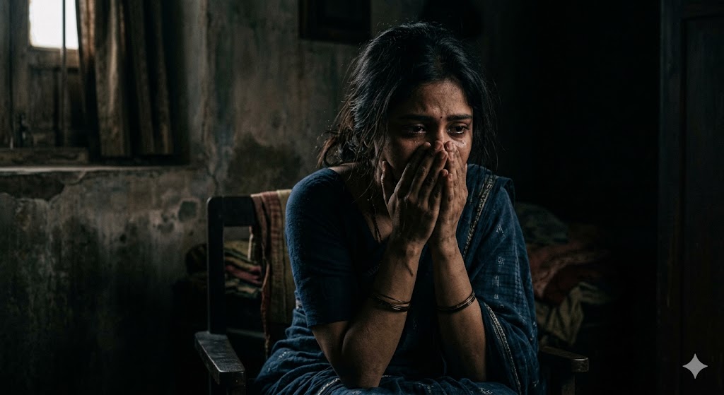 खामोश बैठी महिला, समाज की बंदिशों और अंदरूनी घुटन को दर्शाती हुई