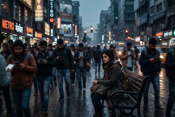भीड़भाड़ वाली शहर की सड़क पर अकेला बैठा एक उदास व्यक्ति, आसपास लोग मोबाइल में व्यस्त, आधुनिक जीवन की संवेदनहीनता और अकेलेपन का दृश्य