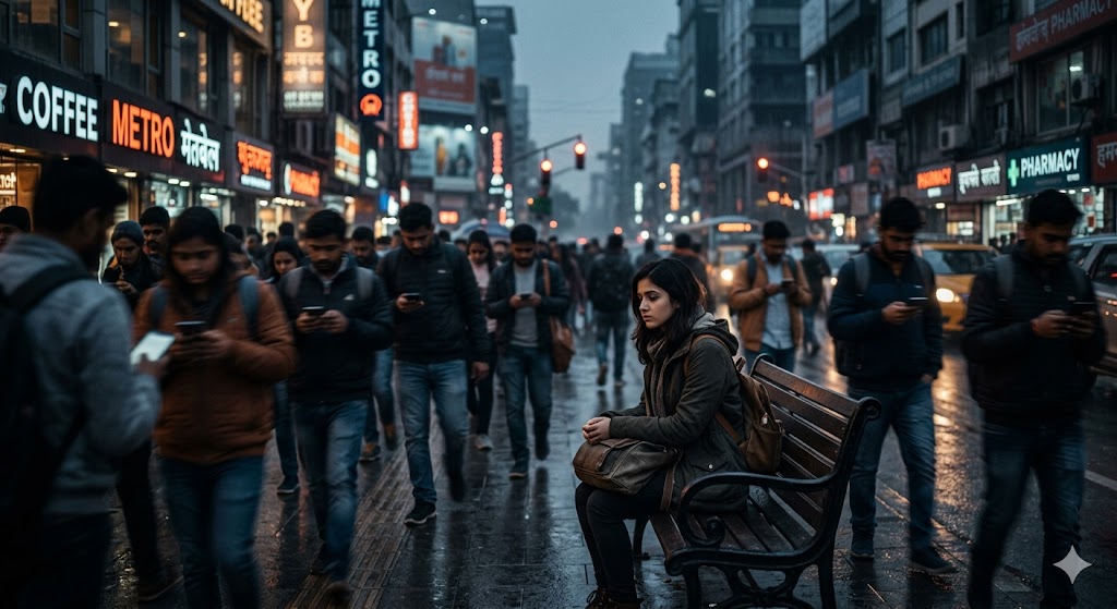 भीड़भाड़ वाली शहर की सड़क पर अकेला बैठा एक उदास व्यक्ति, आसपास लोग मोबाइल में व्यस्त, आधुनिक जीवन की संवेदनहीनता और अकेलेपन का दृश्य